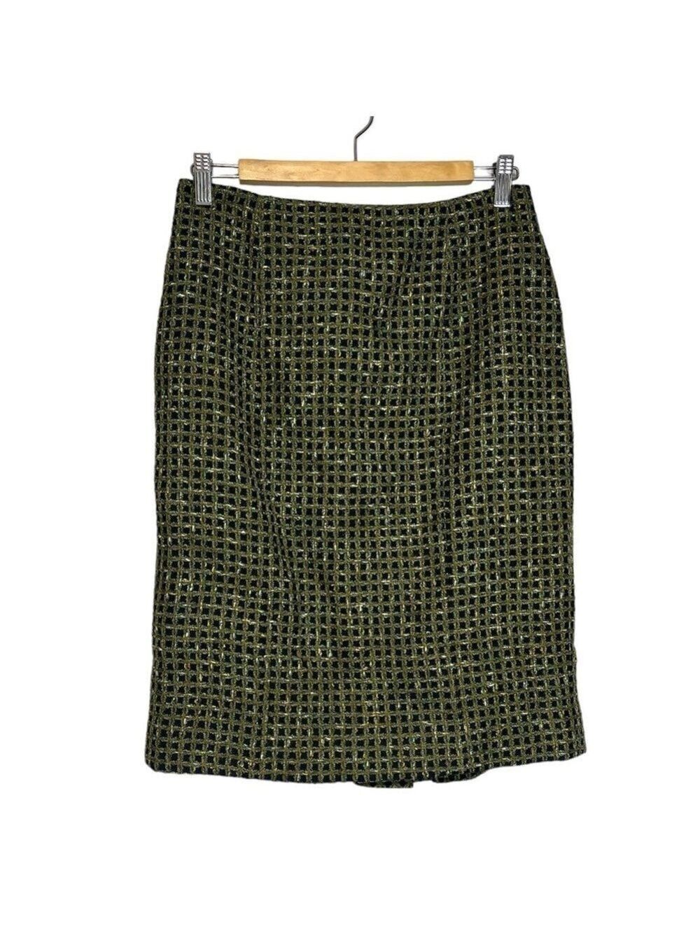 Carlisle Boucle Check Wool Blend Pencil Skirt Green Black Midi, size 6